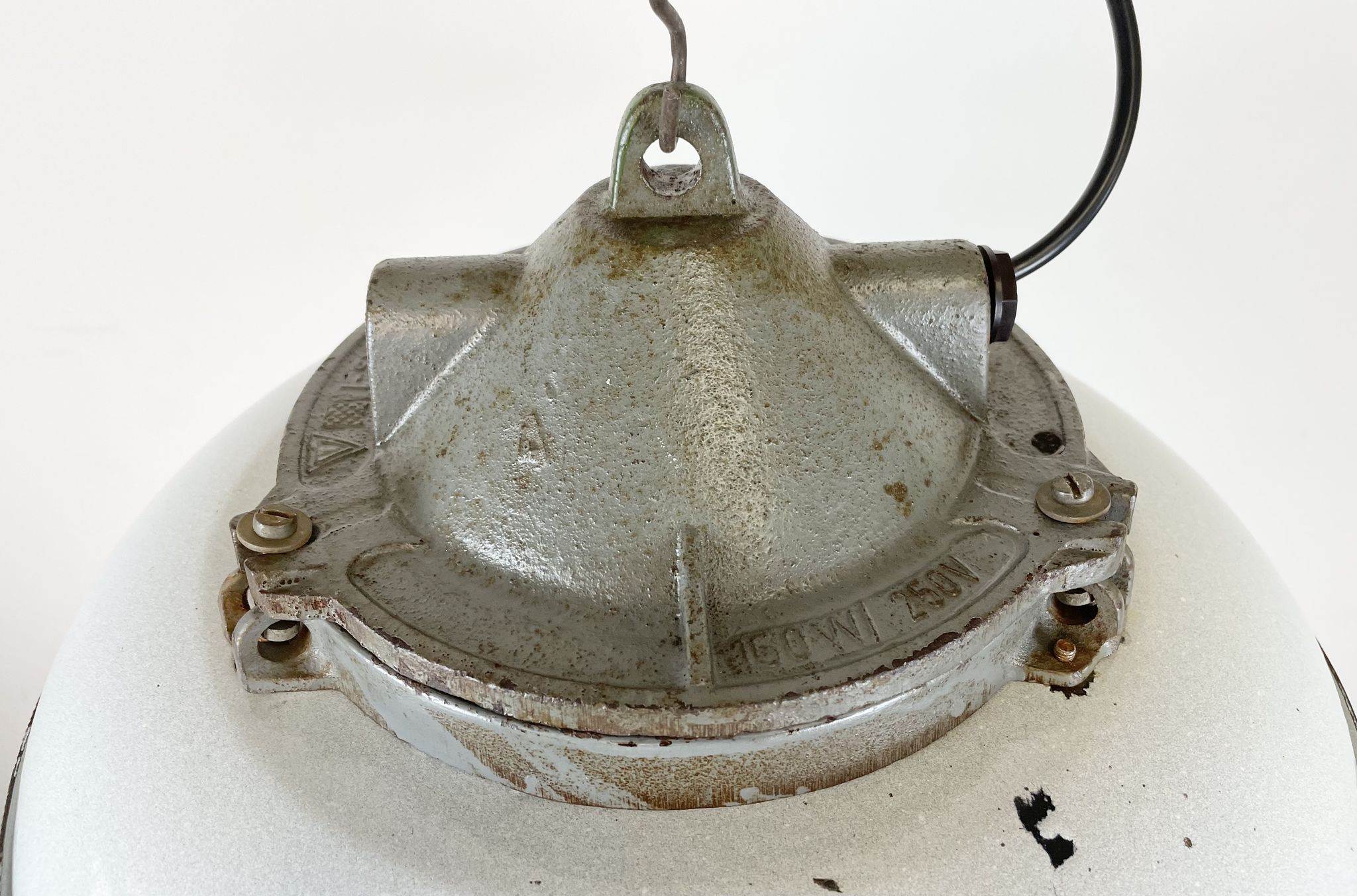 Industrial Grey Enamel Factory Cage Pendant Lamp in Cast Iron from Zaos, 1960s