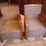 Pair of Club armchairs in ocean liner style, woven rattan and solid wood.