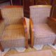 Pair of Club armchairs in ocean liner style, woven rattan and solid wood.