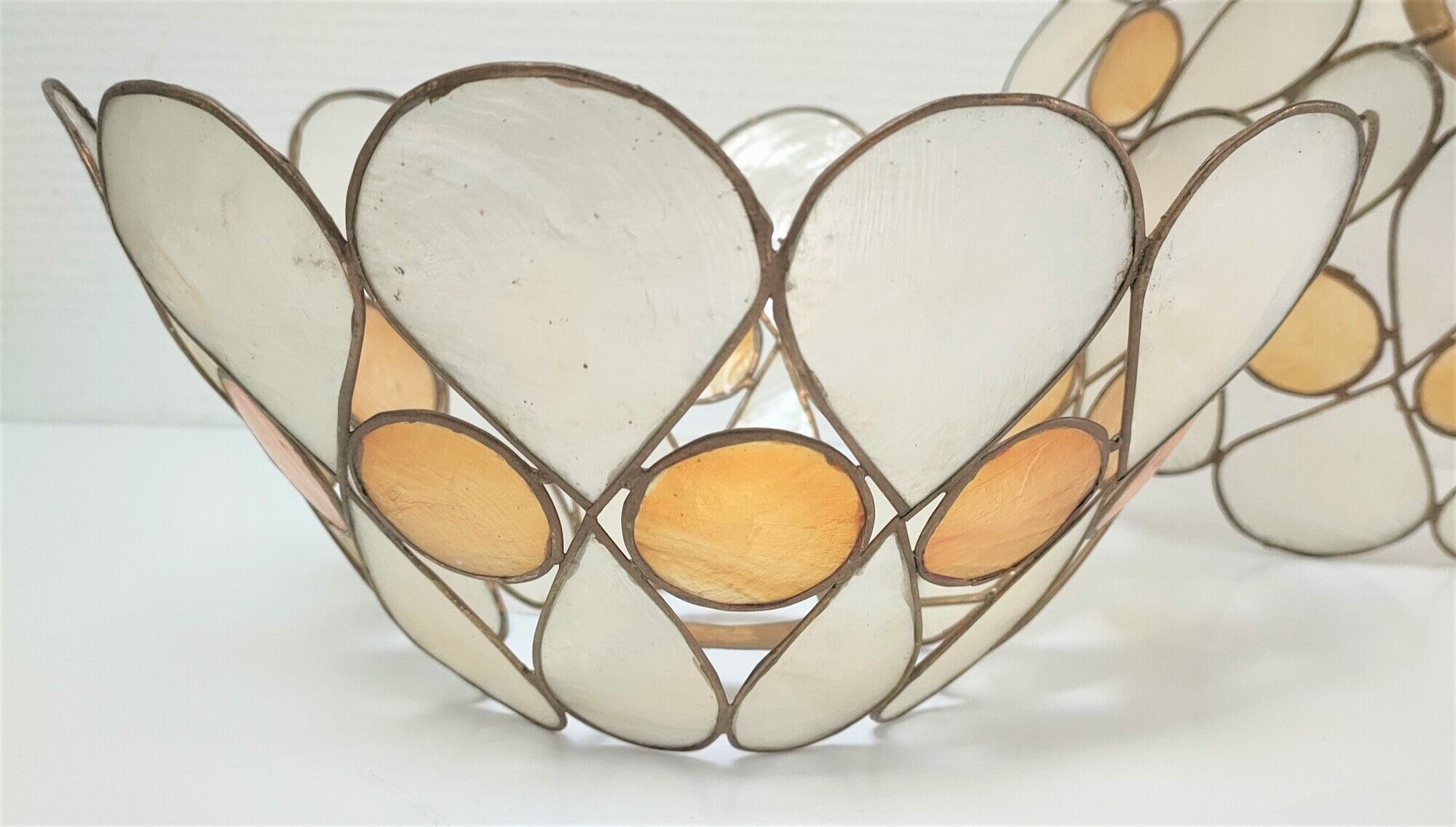 Pair of Capiz mother-of-pearl lampshade and vintage gilded metal