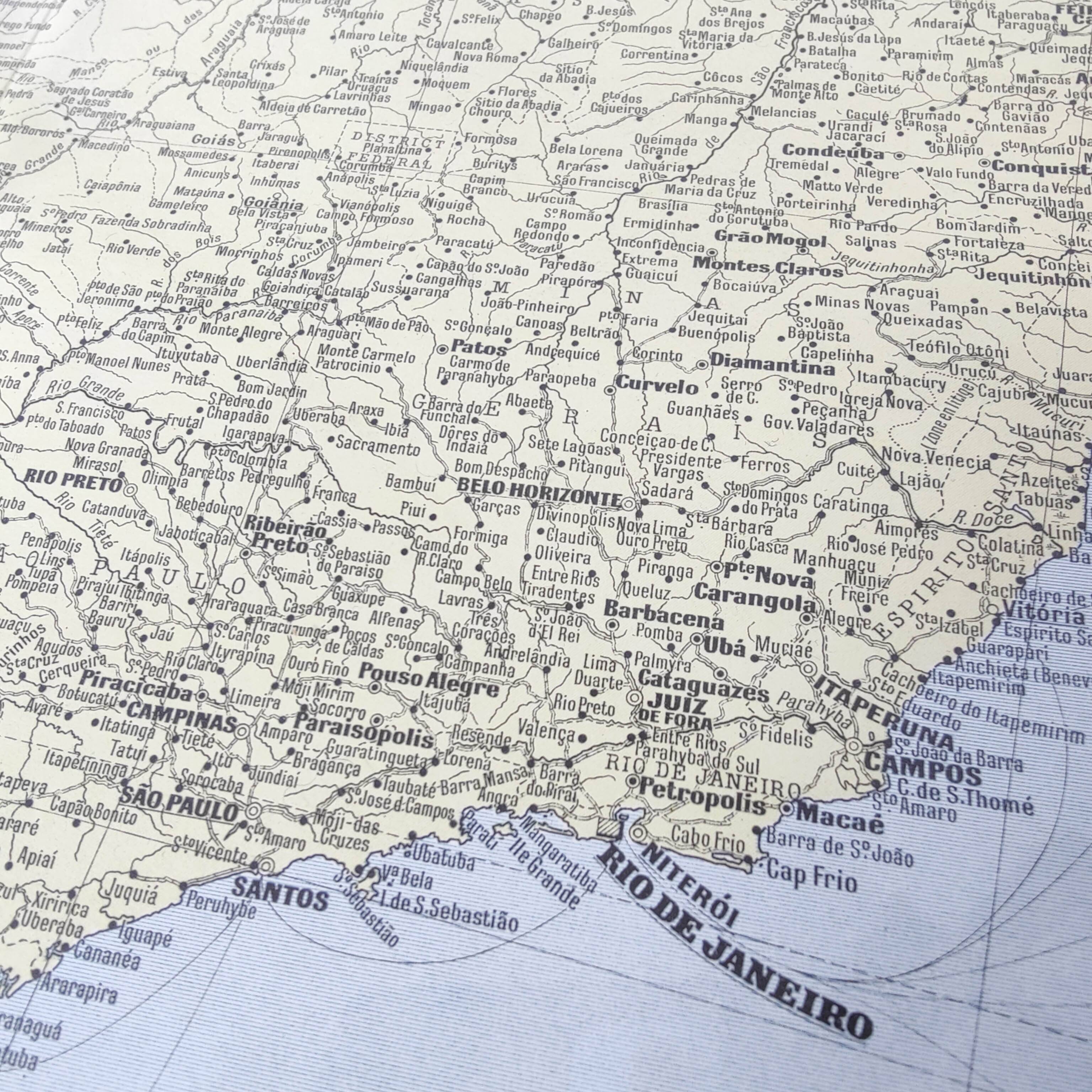 Old map of South America Brazil Bolivia Paraguay 43x43cm from 1950