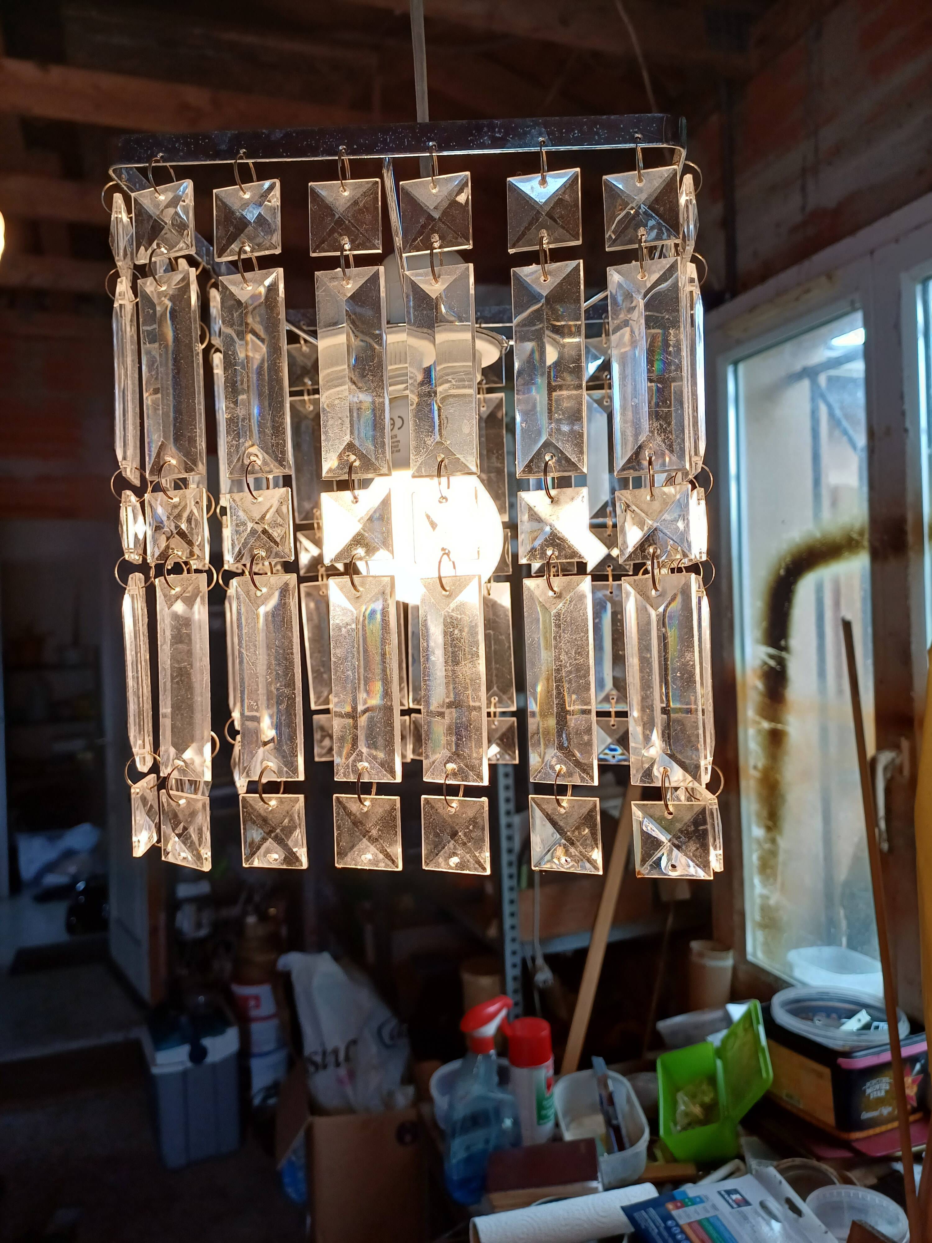 Vintage Chrome Chandelier and Transparent Plastic Pendants