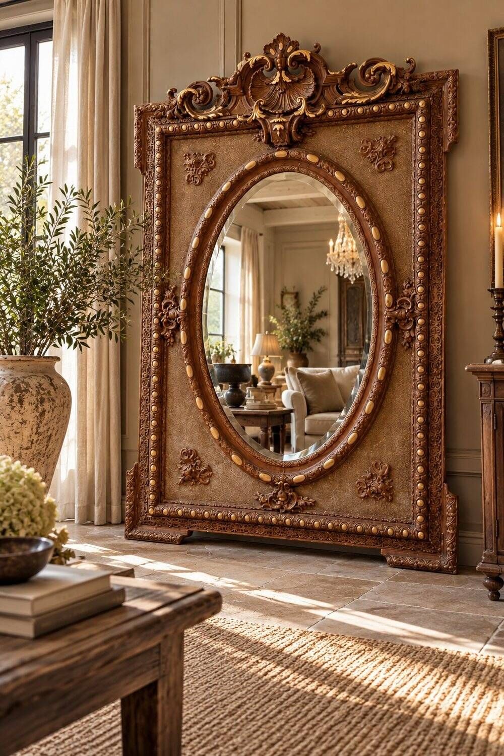 Large Napoleon III trumeau mirror, gilded wood, bevelled glass, 19th century.