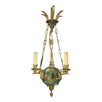 3-light chandelier, with swan heads, Empire style - bronze & glass
