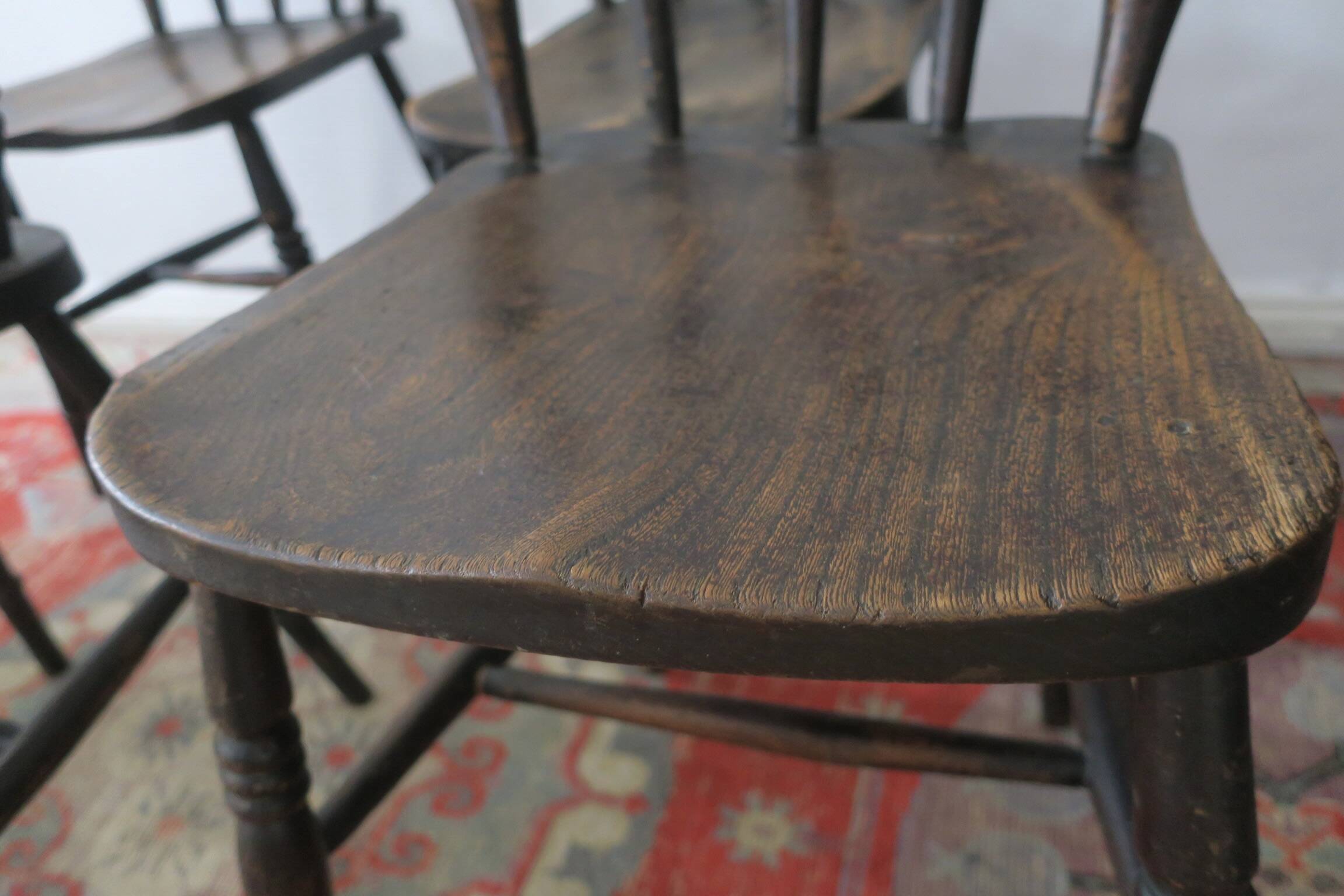 Antique set of 4 farmhouse patinated oak dining chairs, 19th century