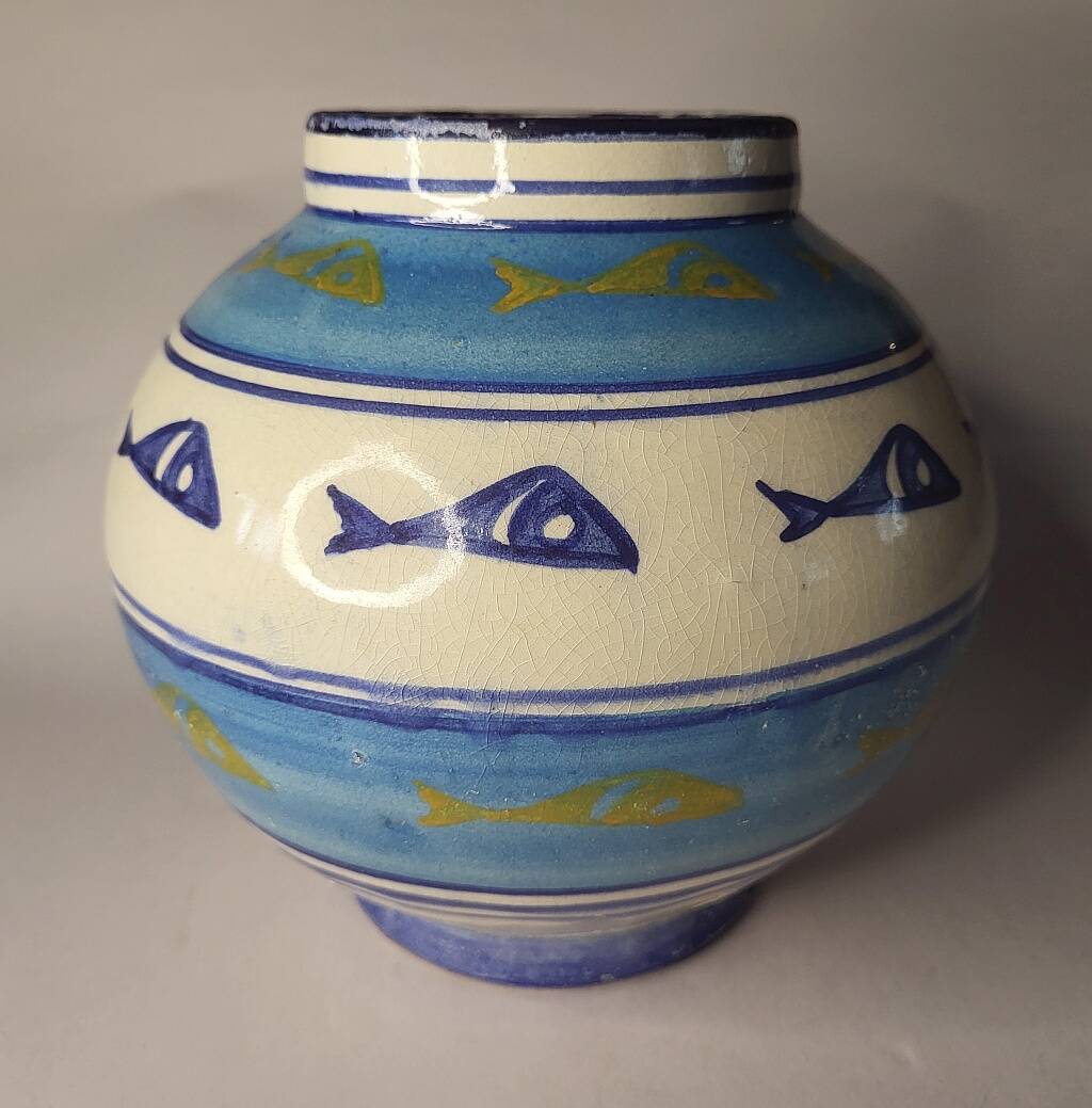Portuguese Ceramic Vase Decorated with Blue & Gold Fish
