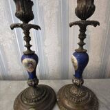 Pair of antique candlesticks in brass, bronze, and Sèvres porcelain – Floral decoration –