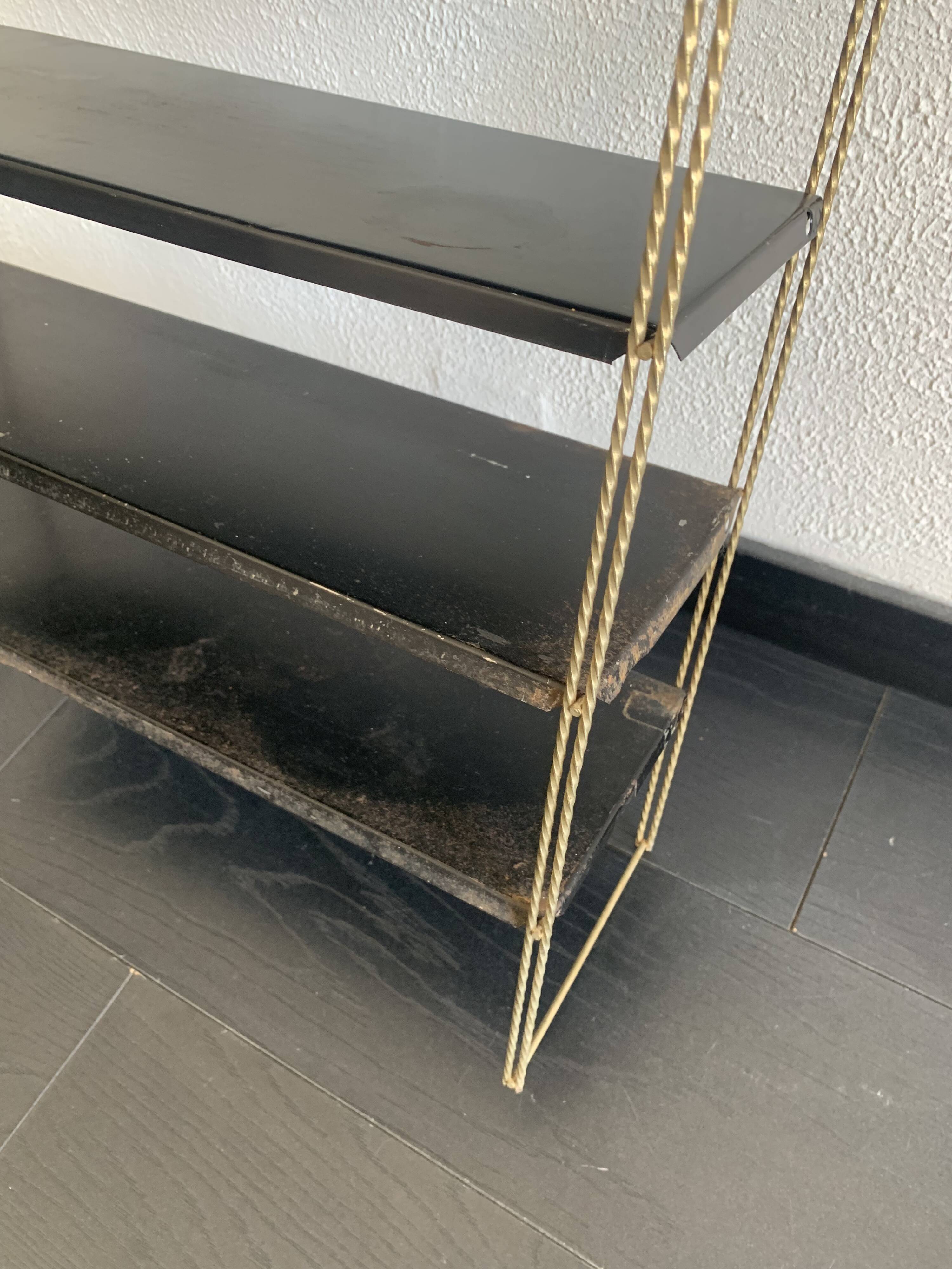 Vintage 1960 String wall shelf black and gold - 60 x 48 cm