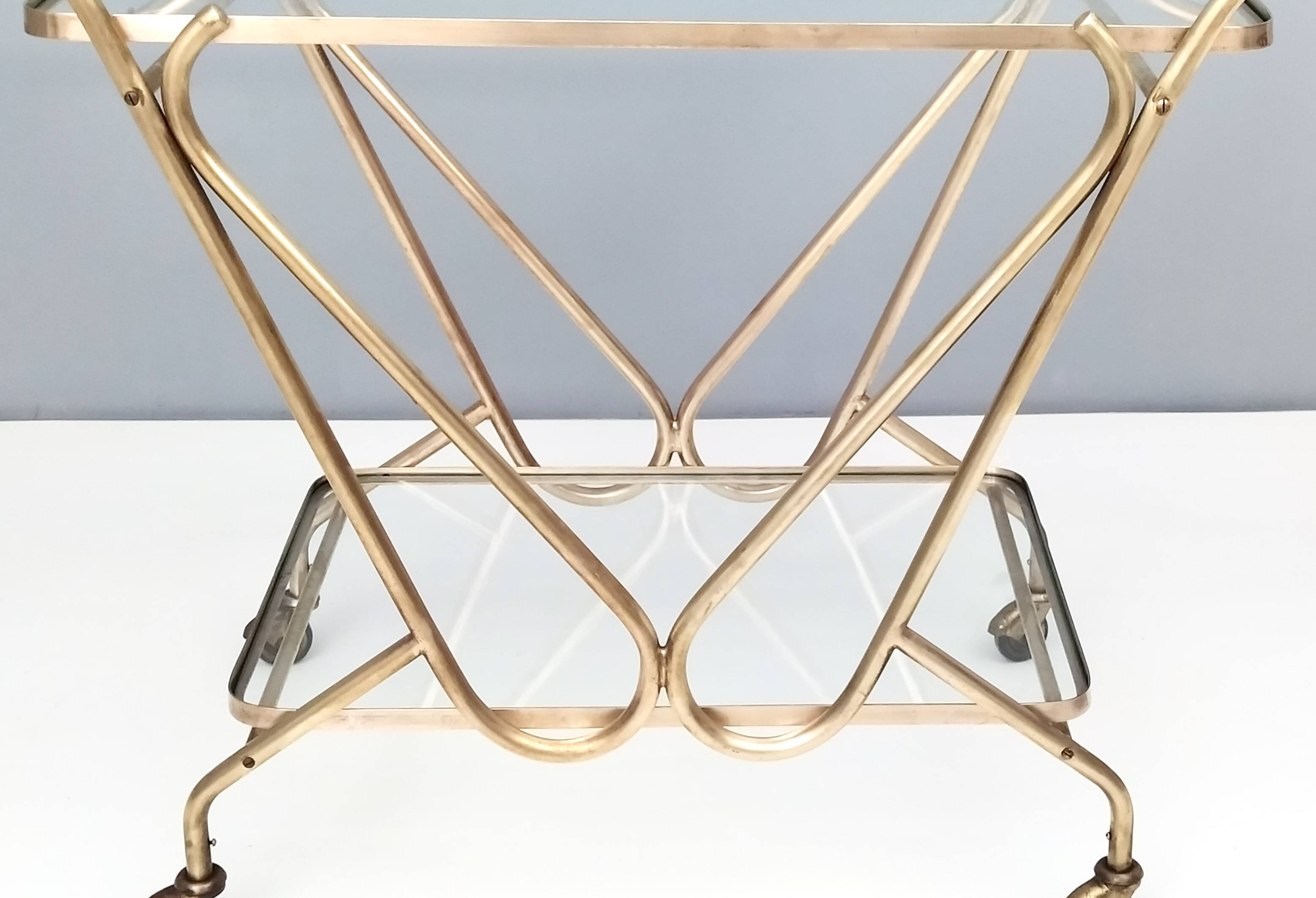 Vintage Brass Serving Cart with Glass Shelves, Italy