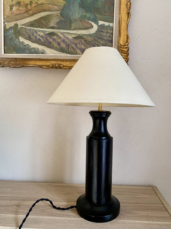 Lampe bois, câble tissu tressé 2M, abat-jour coton