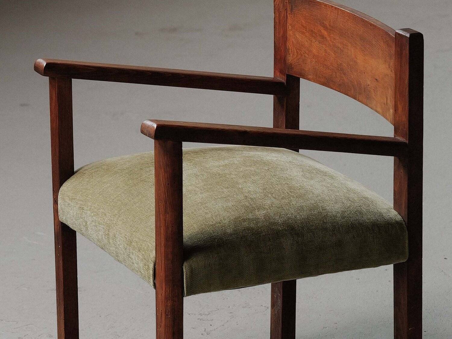 French modernist armchair in wood and green velvet, 1950s