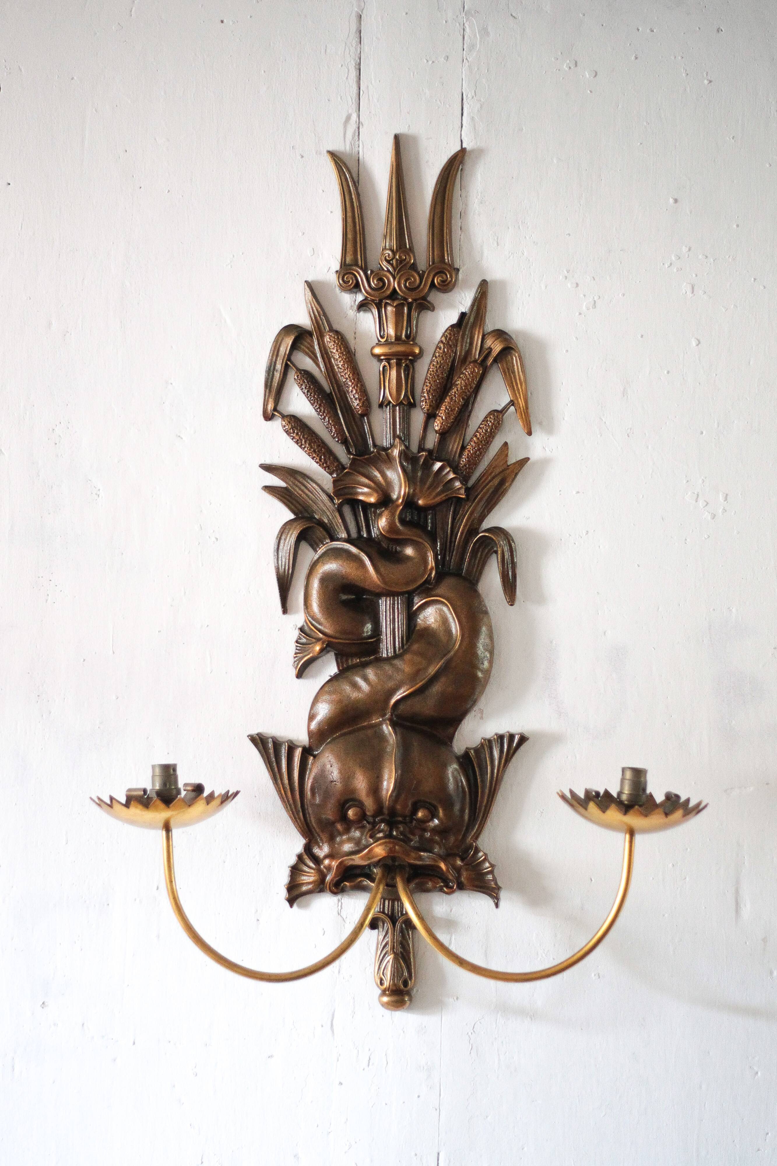 Large bronze wall light with 2 lights, dolphin wall light with reeds