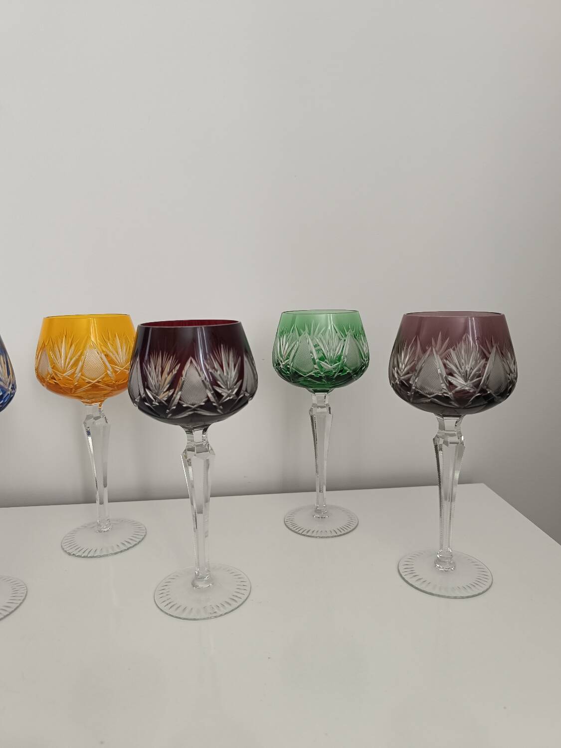 Set of 6 colored crystal stemmed glasses