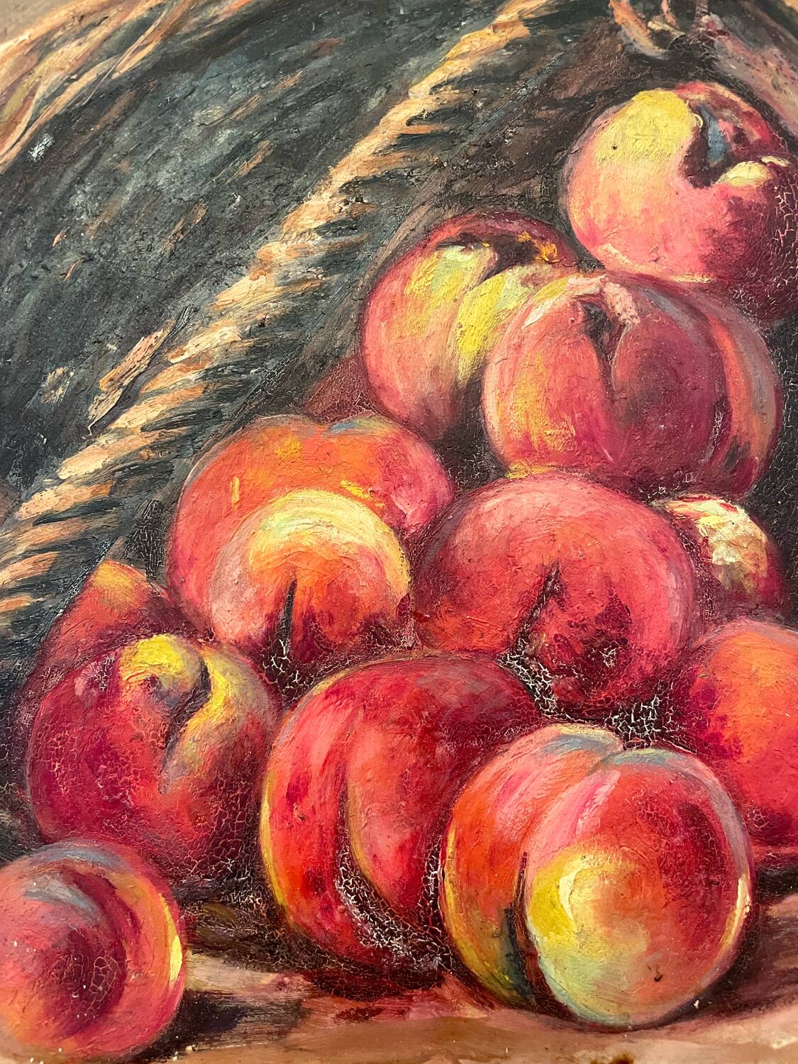 Still life - Basket of peaches and pitcher