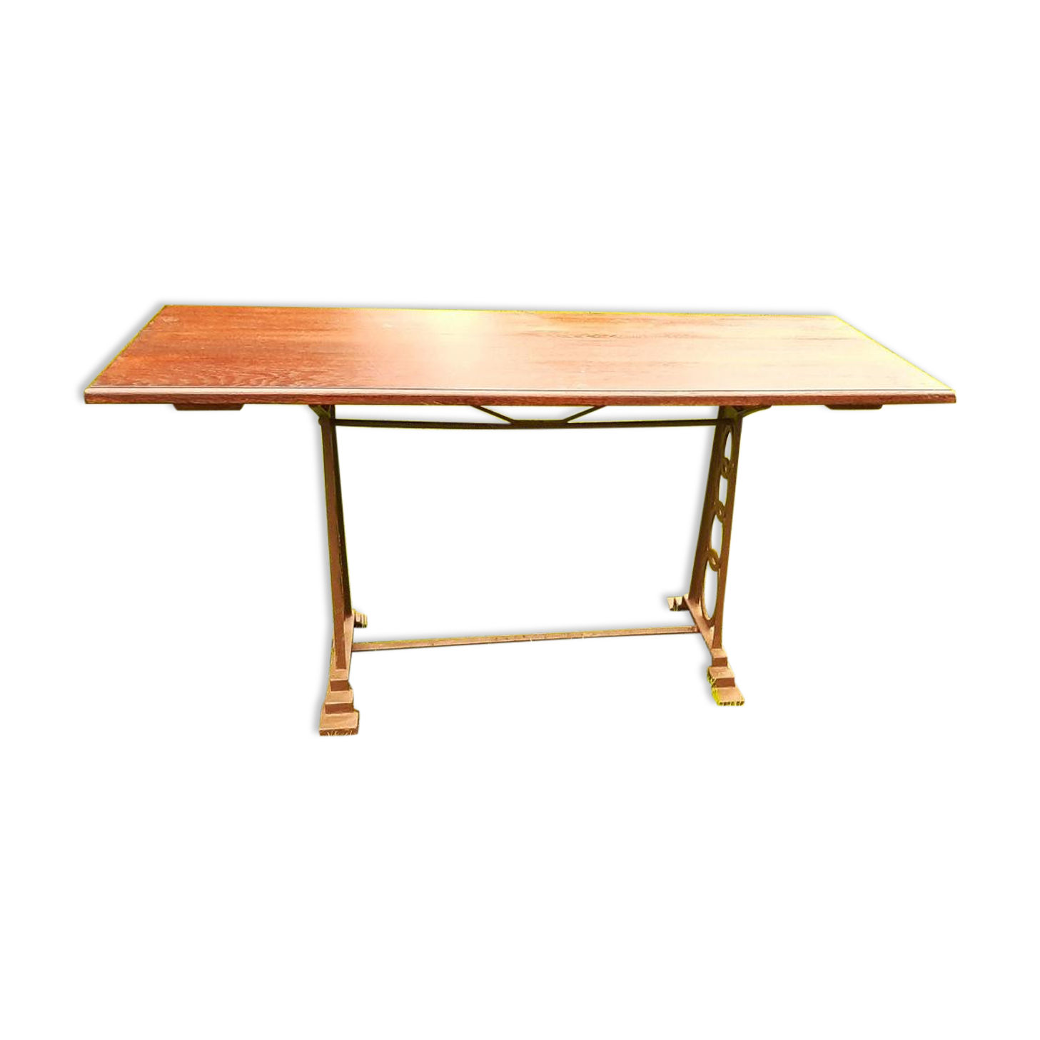 Bistro table, art deco cast iron feet, wood tray