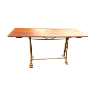 Bistro table, art deco cast iron feet, wood tray