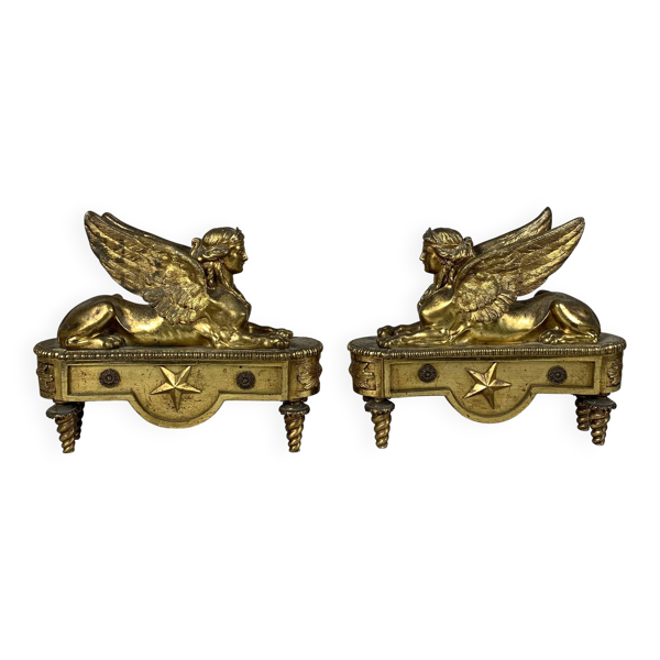 Paire De Chenets Aux Sphinges d'époque Directoire XVIIIème Siècle Attribué