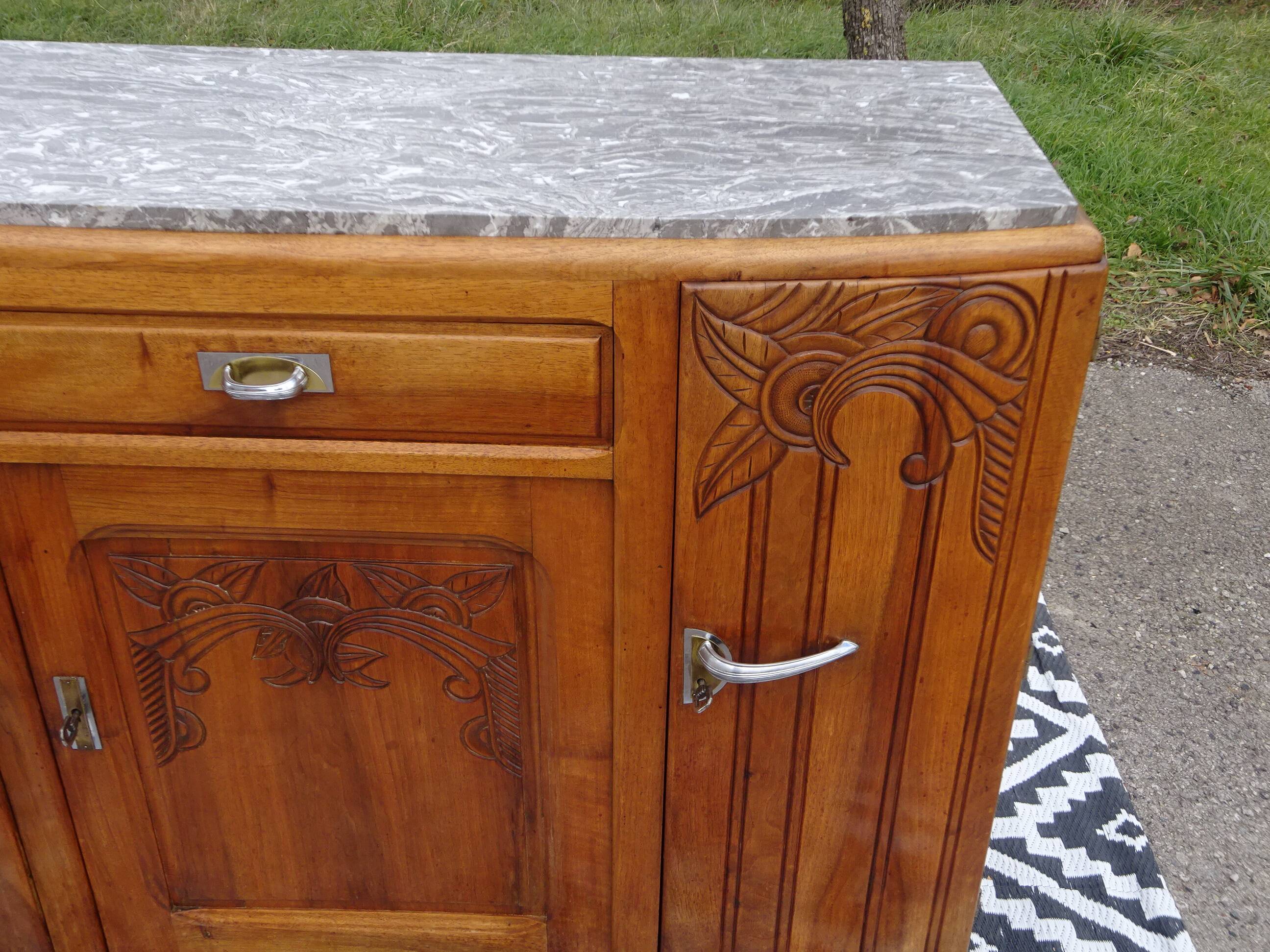 Narrow sideboard, art deco in light walnut, gray marble top