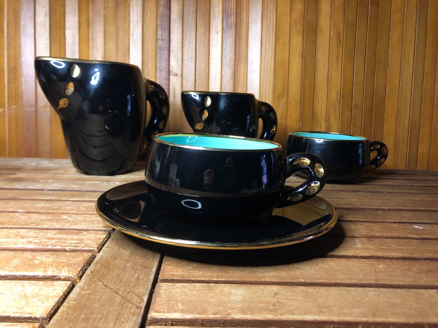 Old magdalith breakfast service black & blue ceramic vintage #a517