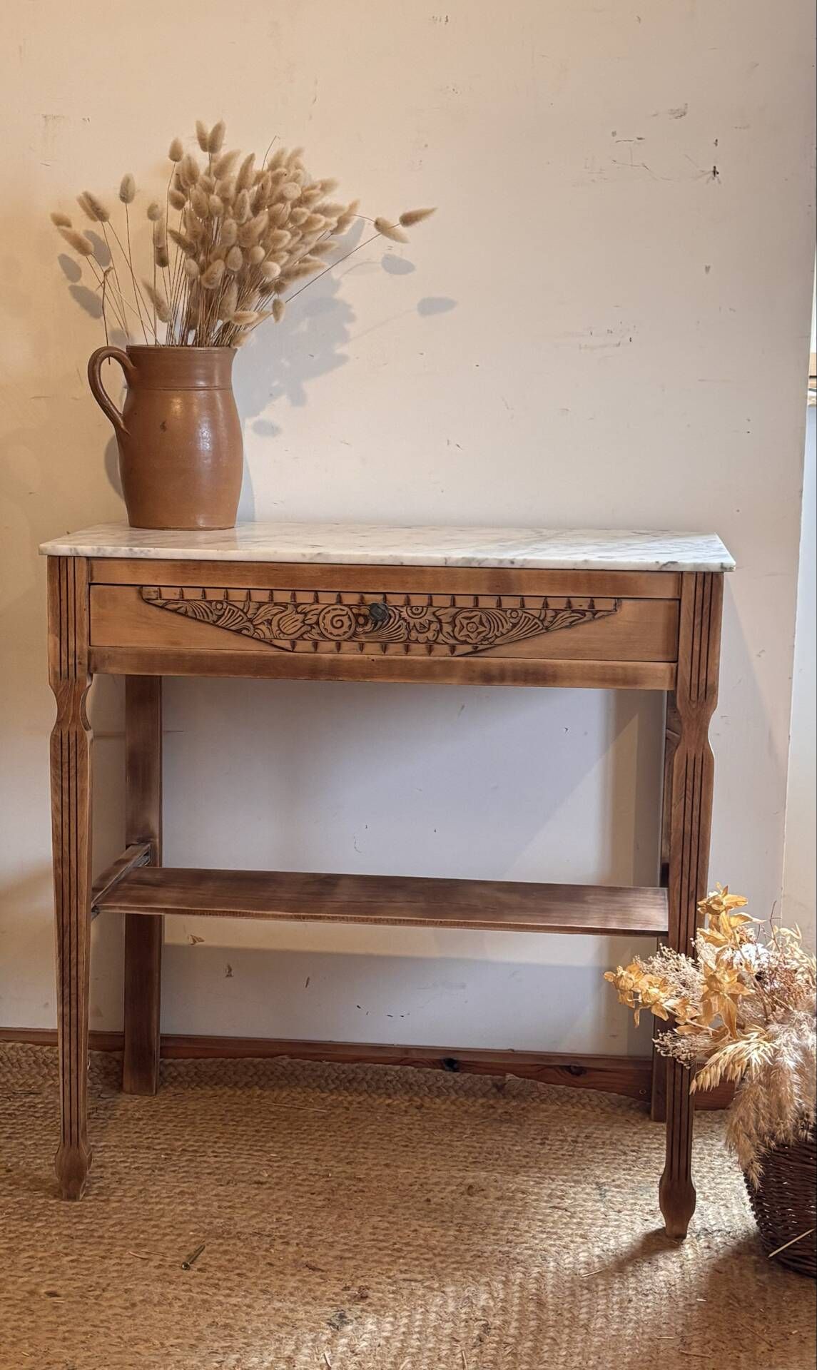 Old solid wood console with marble - 1 drawer