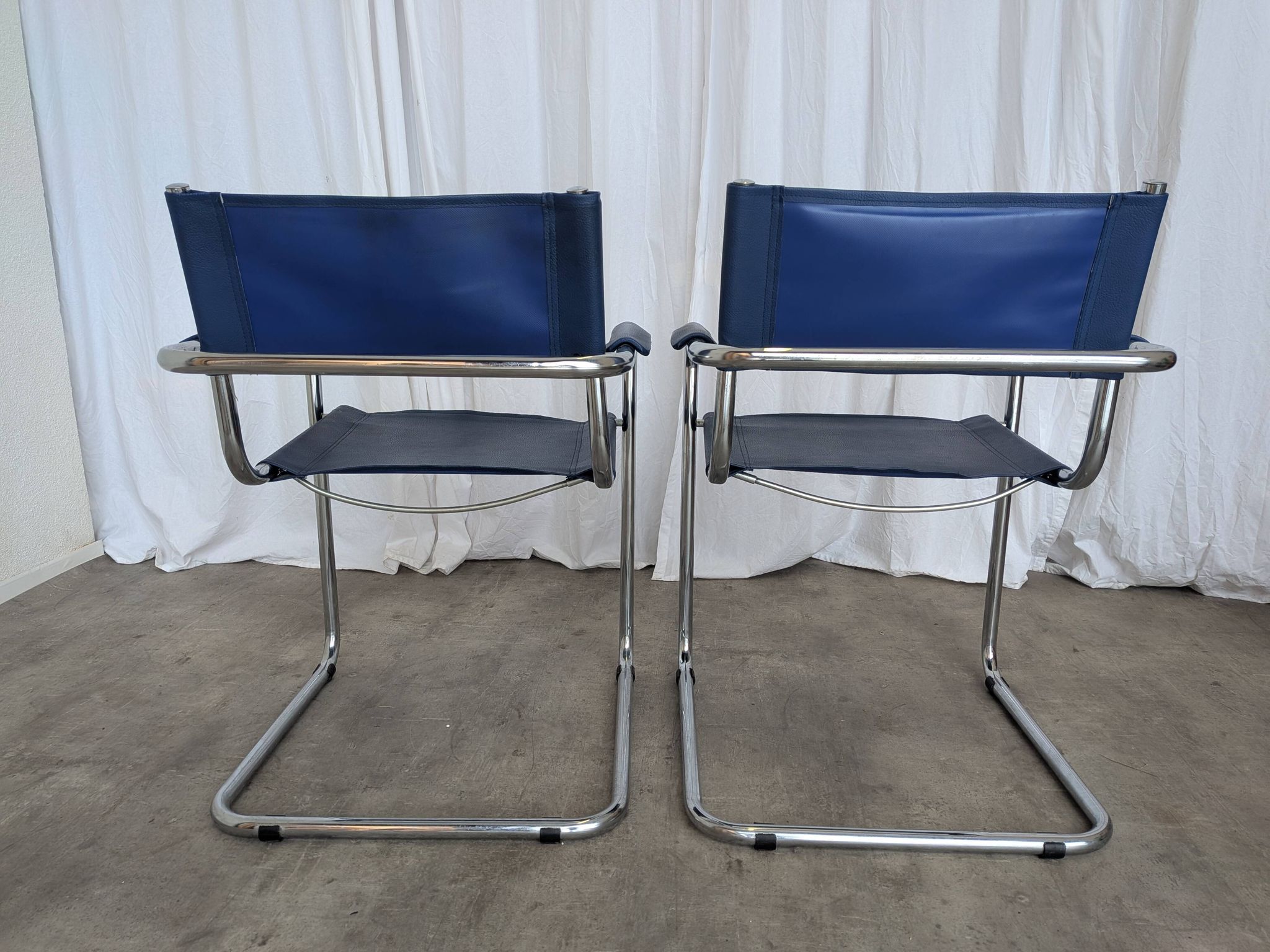 Set of 2 Vintage Mart Stam Style S34 Chair: Blue Leather, Bauhaus Design