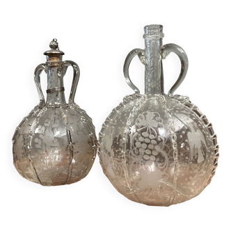 Pair of Dutch Pansued Carafes with long collars and two handles each in blown Crystal