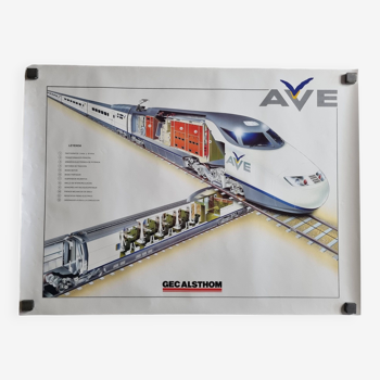 Affiche industrielle "train à grande vitesse AVE" Alsthom, années 80, 59 x 80 cm