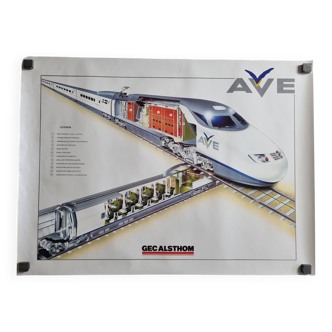 Affiche industrielle "train à grande vitesse AVE" Alsthom, années 80, 59 x 80 cm