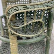 Vintage 1970s green patinated peacock rattan armchair