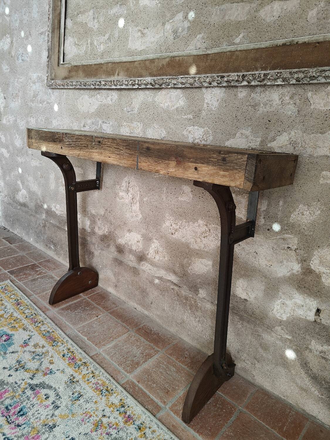 Oak and cast iron console, unique piece.