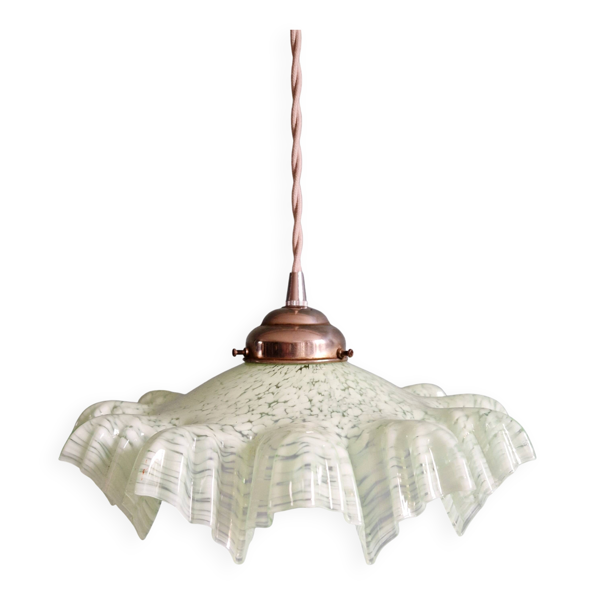 Art Deco pendant light in speckled green and white pleated glass, 1920s-30s.