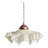 Art Deco pendant light in speckled green and white pleated glass, 1920s-30s.