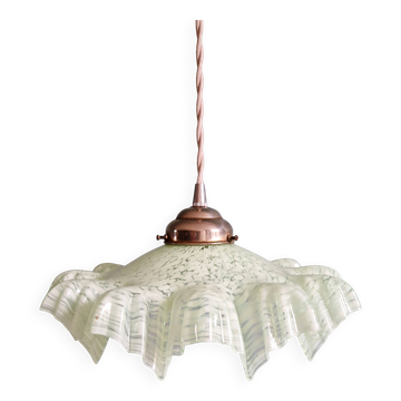 Suspension Art Déco en verre plissé moucheté vert et blanc, années 1920-30