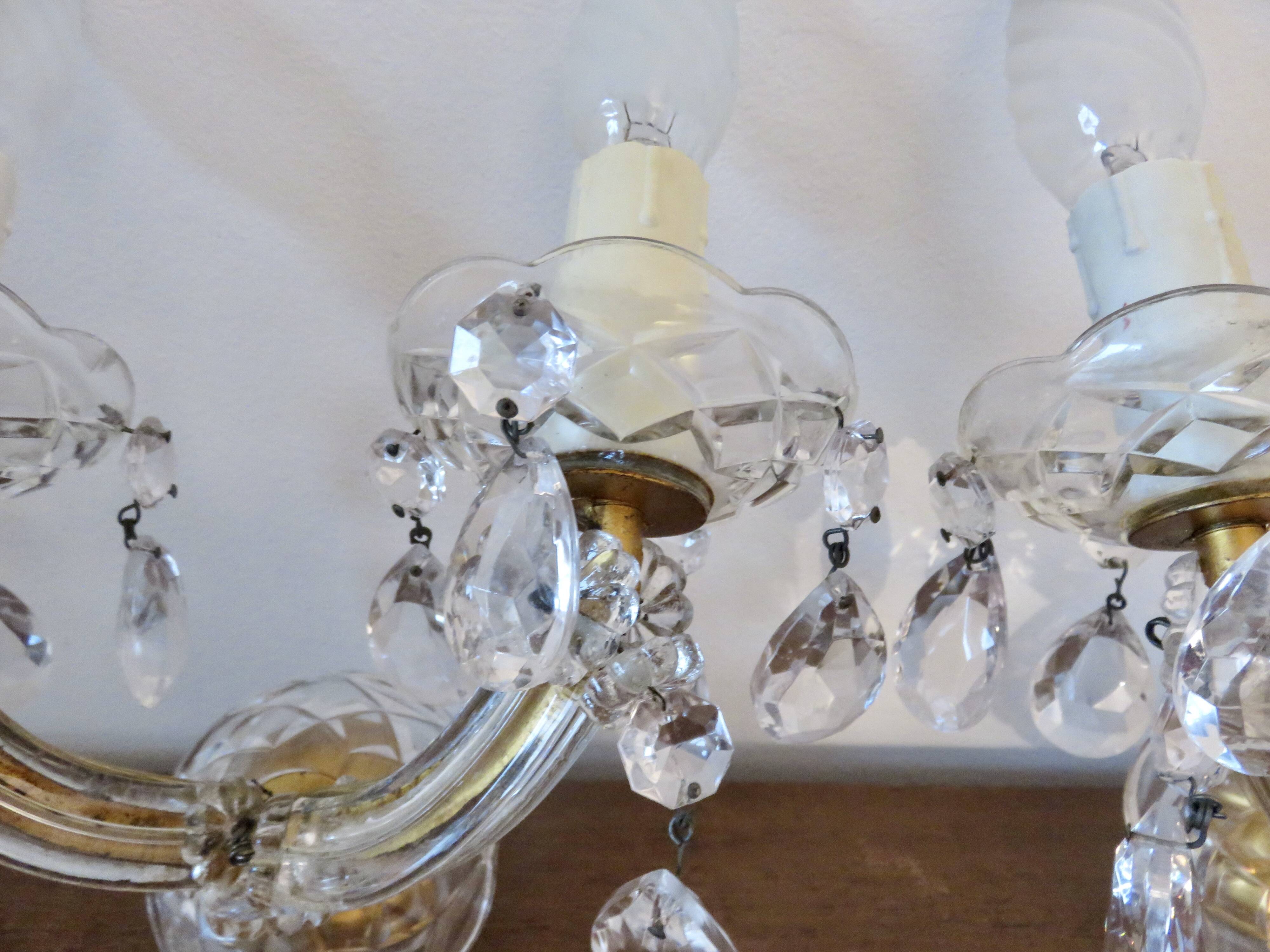 pair of double wall sconces with crystal pendants, made in Italy