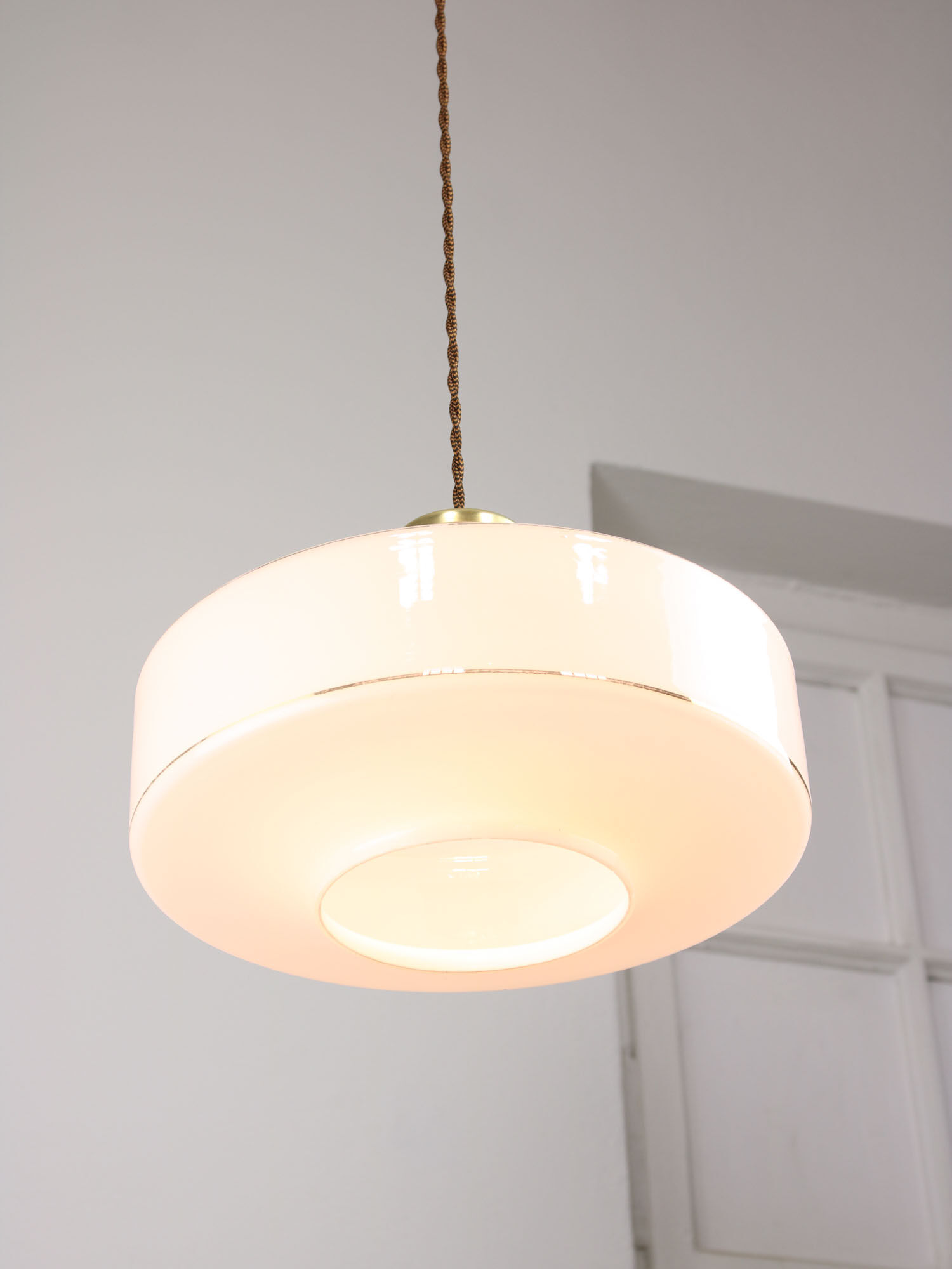 Mid-century Italian White Glass and Brass Pendant Lamp
