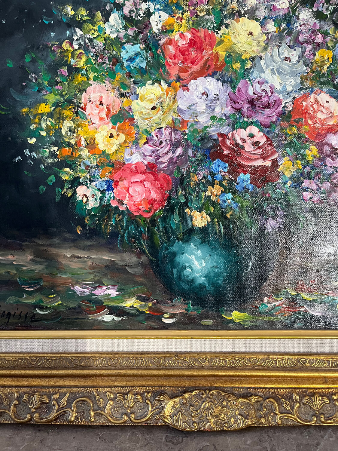 Framed bouquet of flowers, oil on canvas signed R Mogisse.