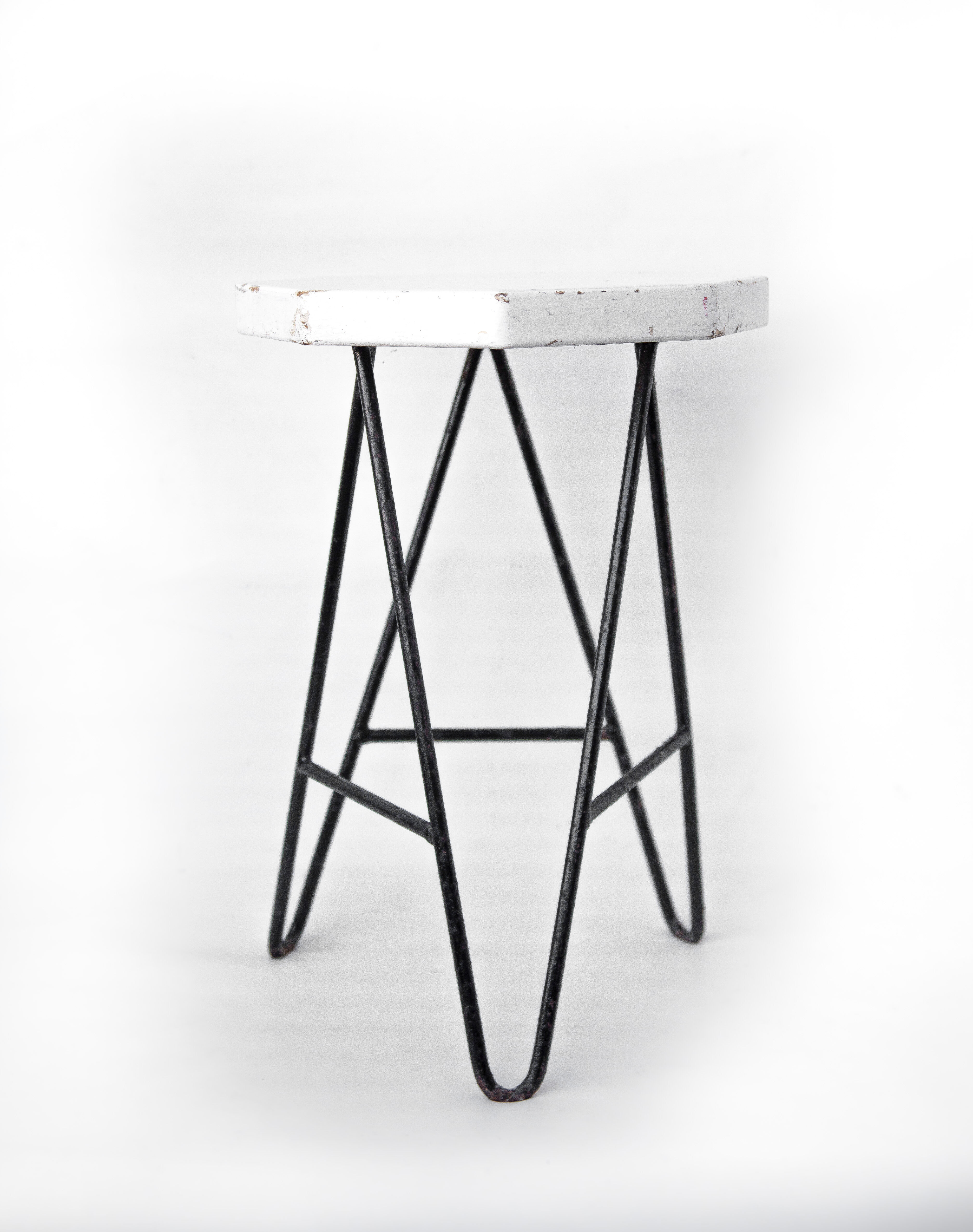 Vintage stool, wooden stool and iron structure, extra stool, octagonal wood seat, cui