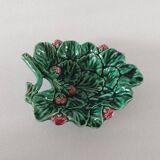 Vintage Majolica Strawberry Leaf Shaped Dish Ceramic Green Red
