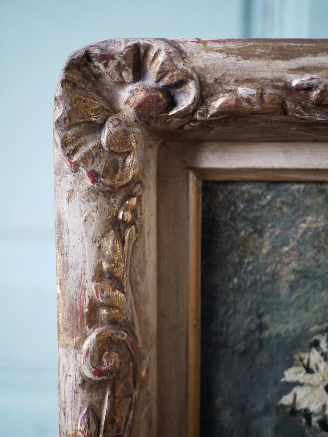 Old oil on canvas, bouquet of flowers, Montmartre style frame