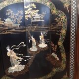 Chinese screen laqué wood and stone marquetry