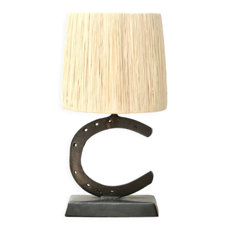 Regionalist lamp with horseshoe, raffia lampshade