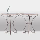 Pair of half-moon shaped console tables. Work of art craftsmanship.