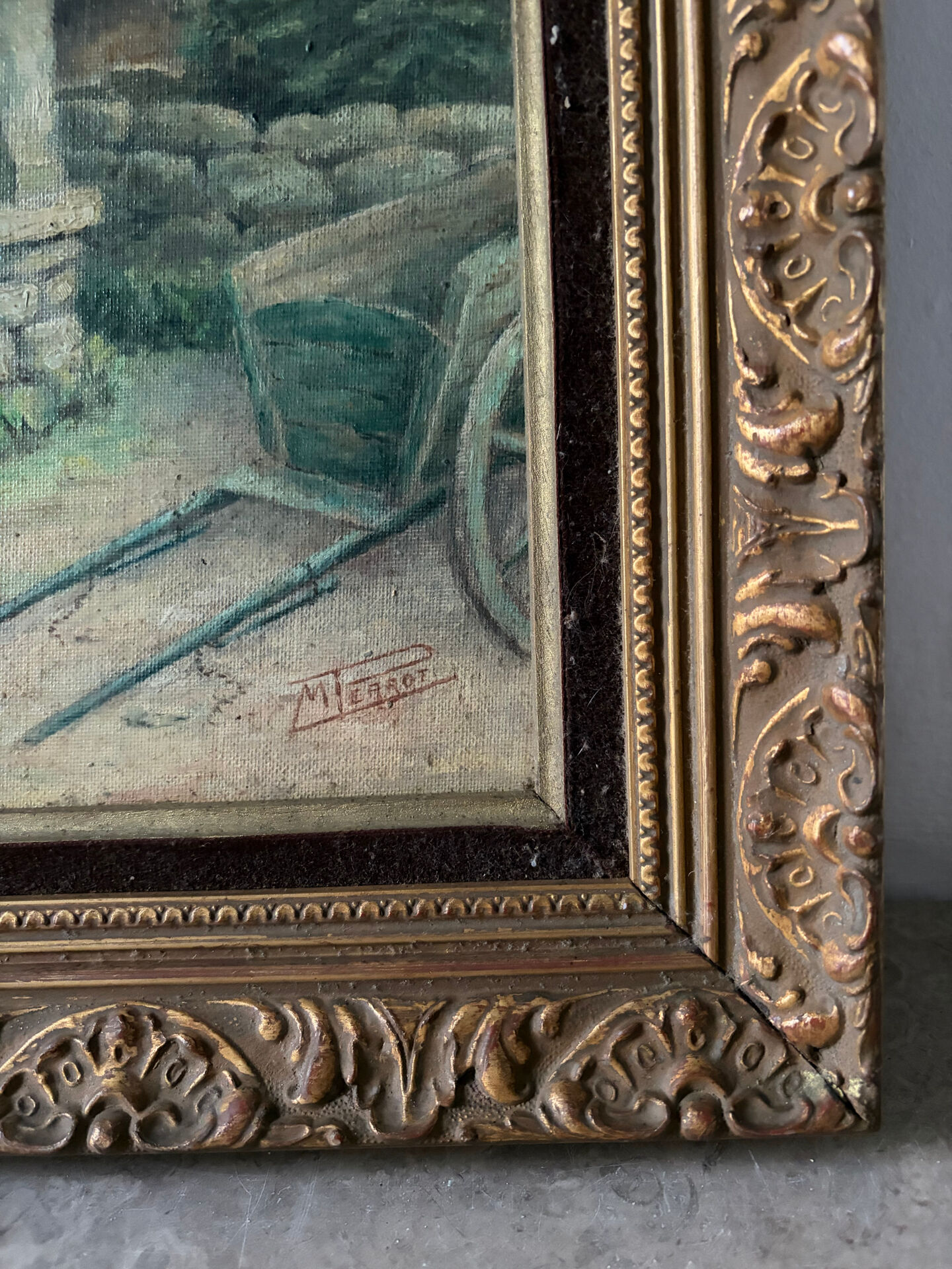Oil on canvas "Village courtyard with chickens", signed.