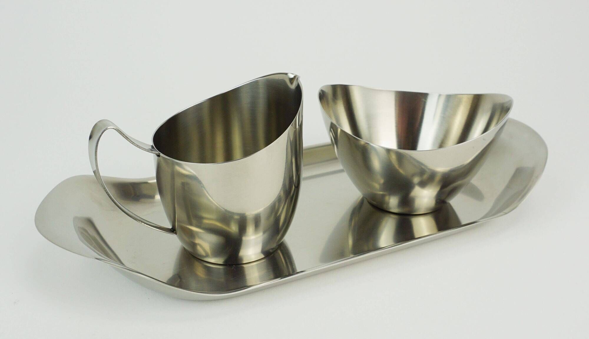 Danish 3-piece set sugar bowl creamer and tray stainless steel