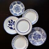 6 vintage mismatched blue and white porcelain dessert plates