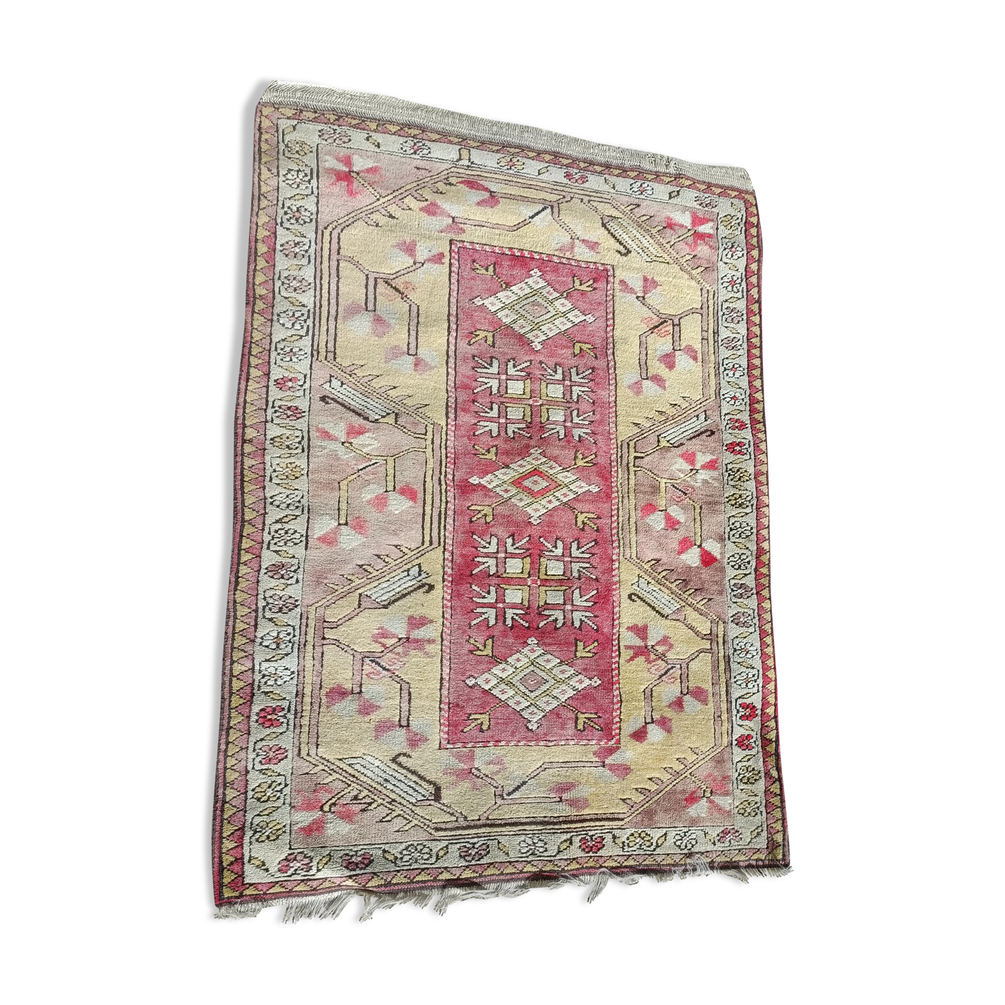 Turkish carpet handmade yellow background pink decoration, 127x91 cm