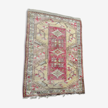 Turkish carpet handmade yellow background pink decoration, 127x91 cm