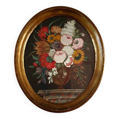 Tableau ancien vase médicis avec fleurs sur table en marbre école j fr