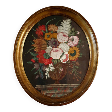 Ancient table vase with Medici flowers on a marble table, French school.