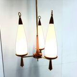 Vintage teak chandelier with white glass shades, 1960s